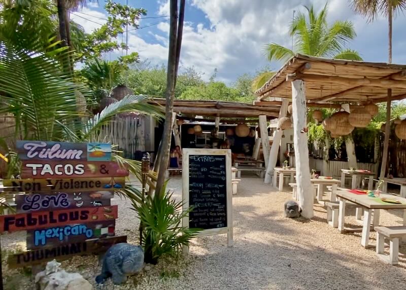 The entrance to Charly's Vegan Tacos in Tulum