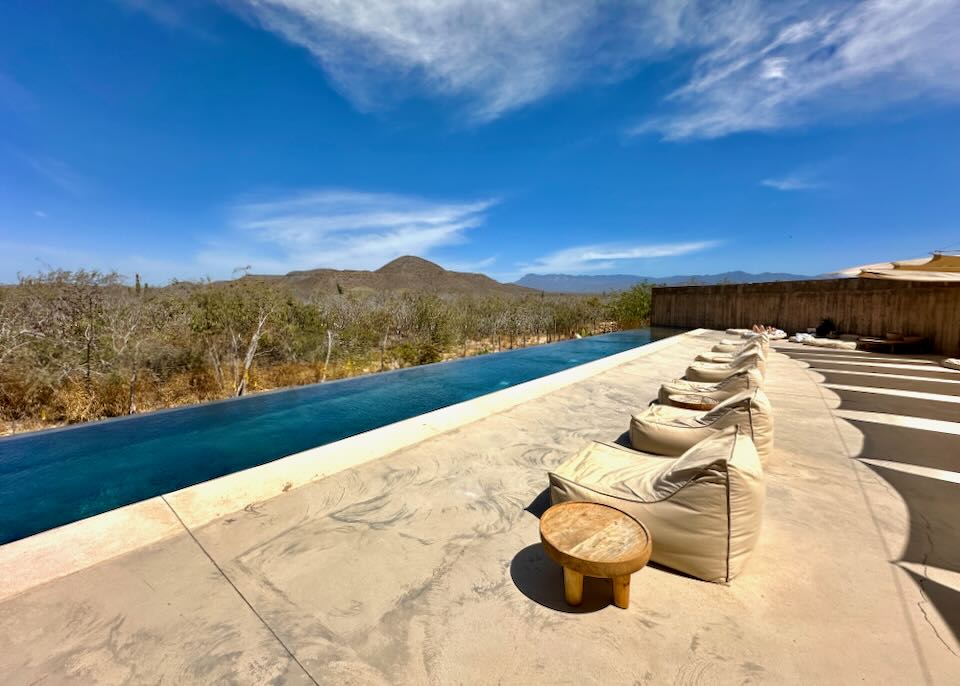 A long infinity pool sits next to the desert.