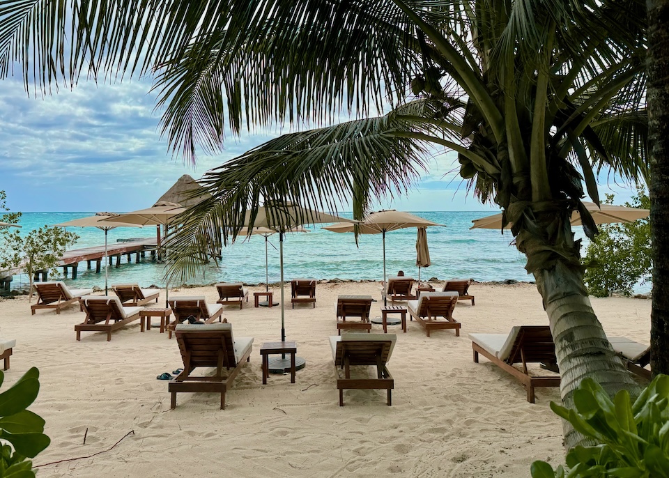 Sunbeds on the beach with a pier jutting into the ocean and a palm tree in the foreground at Mereva hotel in Tulum.