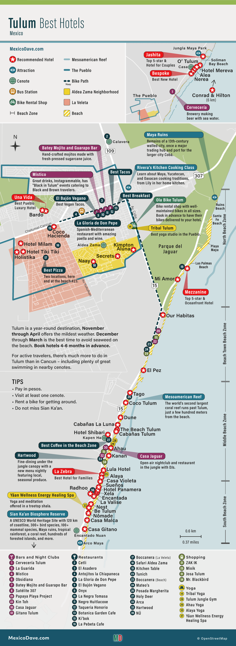 Map of Tulum Mexico and the best hotel, restaurants, and things to do.