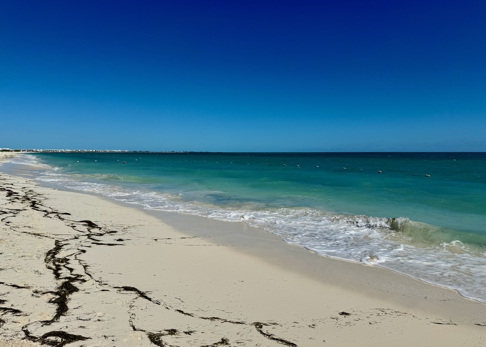 A long beach with gentle waves, a little seaweed, and devoid of people in Playa Mujeres near Cancun.