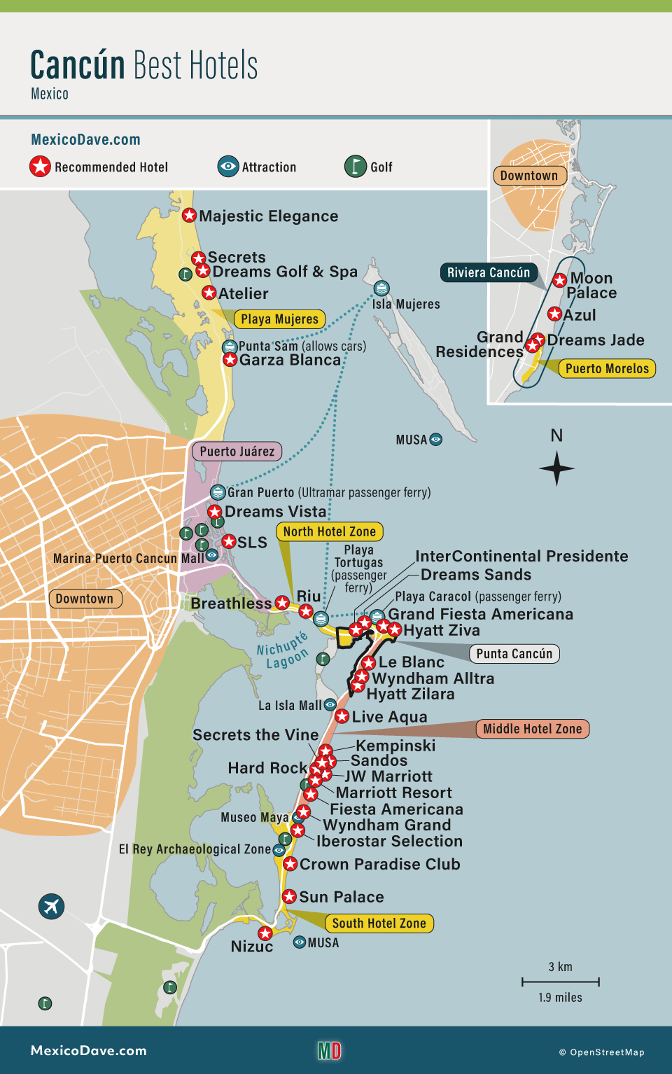 A map showing Cancun areas and best hotels.