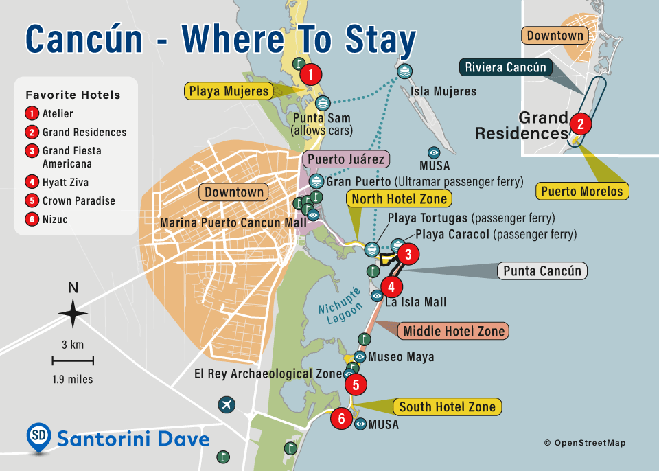 Map of where to stay in Cancun with neighborhoods, golf courses, ferries, things to do, and hotels.