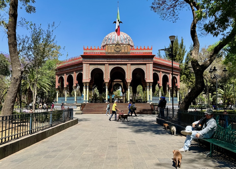 The Morico Kiosko in the Santa Maria la Rivera neighborhood features elaborate mosaic details and vivid colors in the Moorish Revival style.