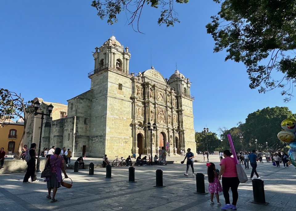 An imposing Baroque cathedral as seen from the Zócalo in Oaxaca.