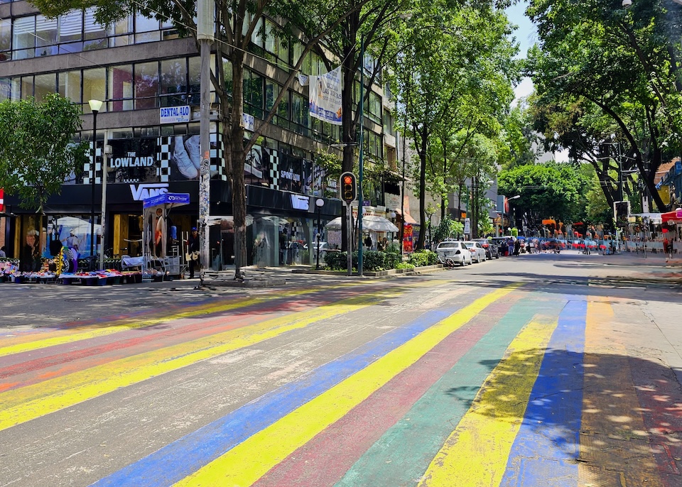 A faded rainbow crosswalk in the Zona Rosa area of colonia Juárez in Mexico City.