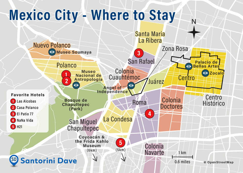 Map of where to stay in Mexico City showing neighborhoods, attractions, and hotels.