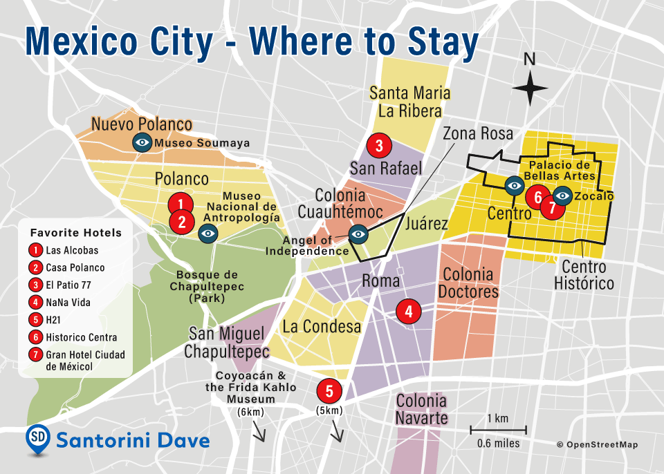 Map of where to stay in Mexico City showing neighborhoods, attractions, and hotels.