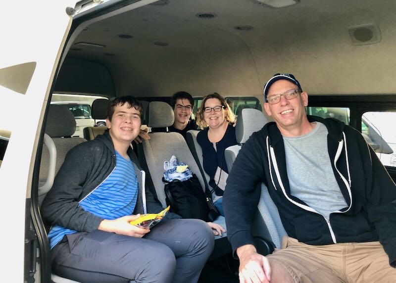 My family in a taxi van going from the airport to a Tulum hotel.